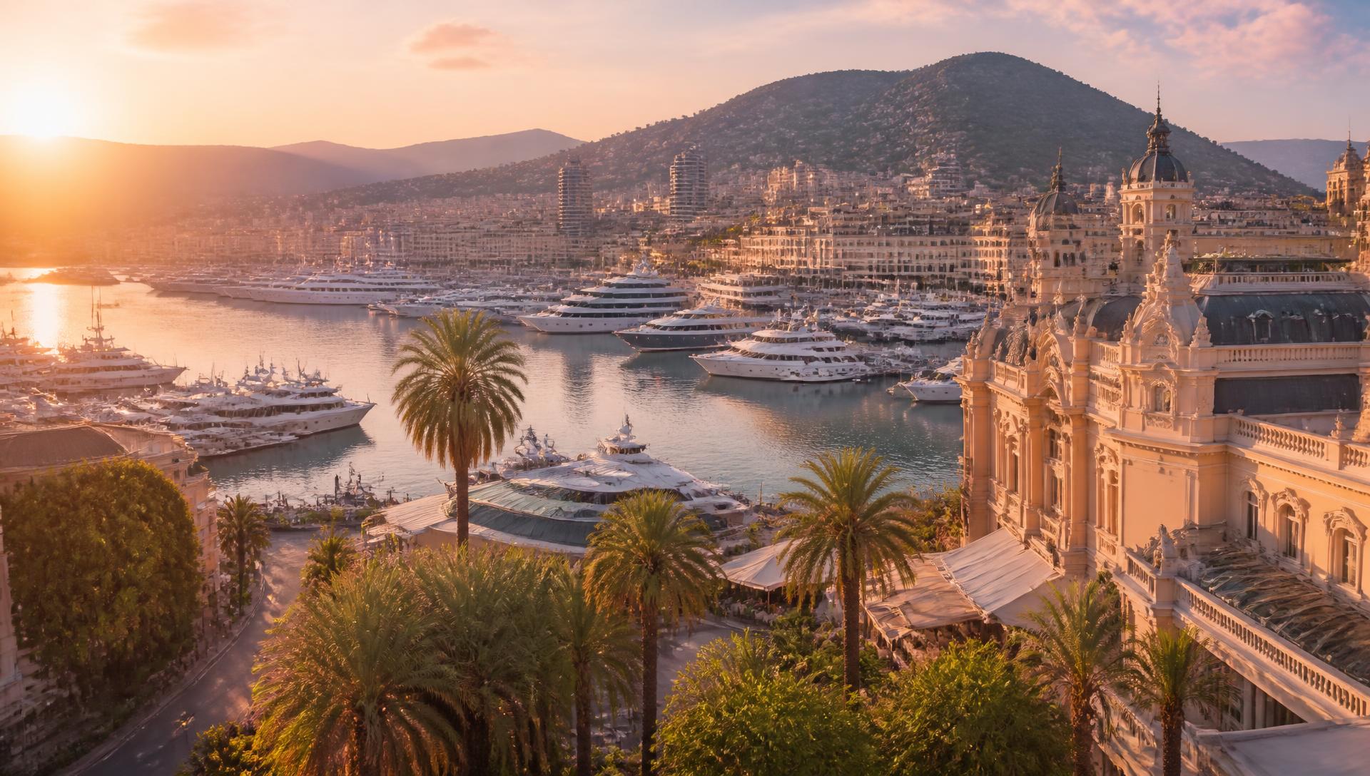 Sunlit Monte Carlo harbour at golden hour
